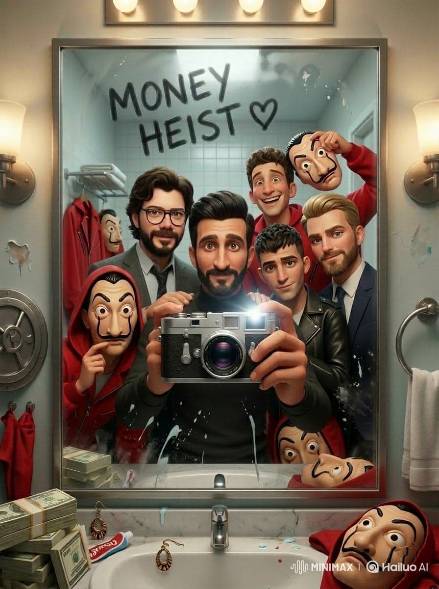 Cinematic mirror selfie scene inspired by a retro 80s sci-fi
