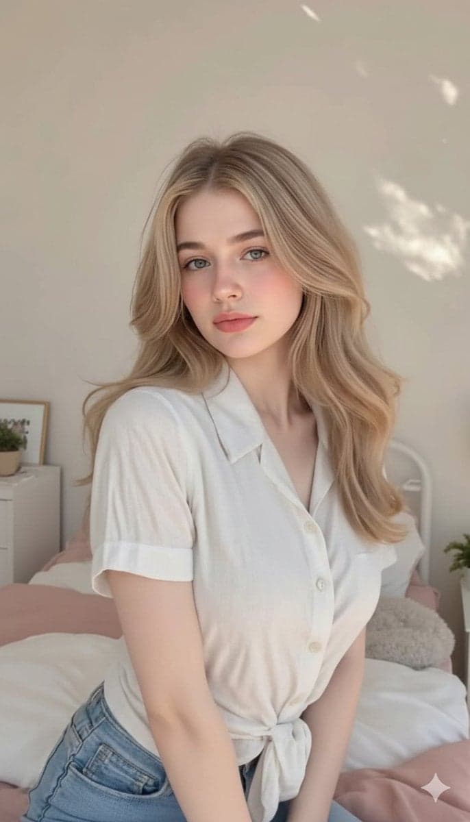 Cute, innocent young adult blonde woman  sitting comfortably