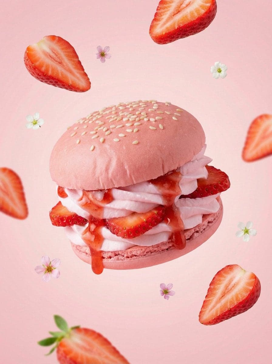 A hyper-realistic {FRUIT} dessert burger, centered compositi