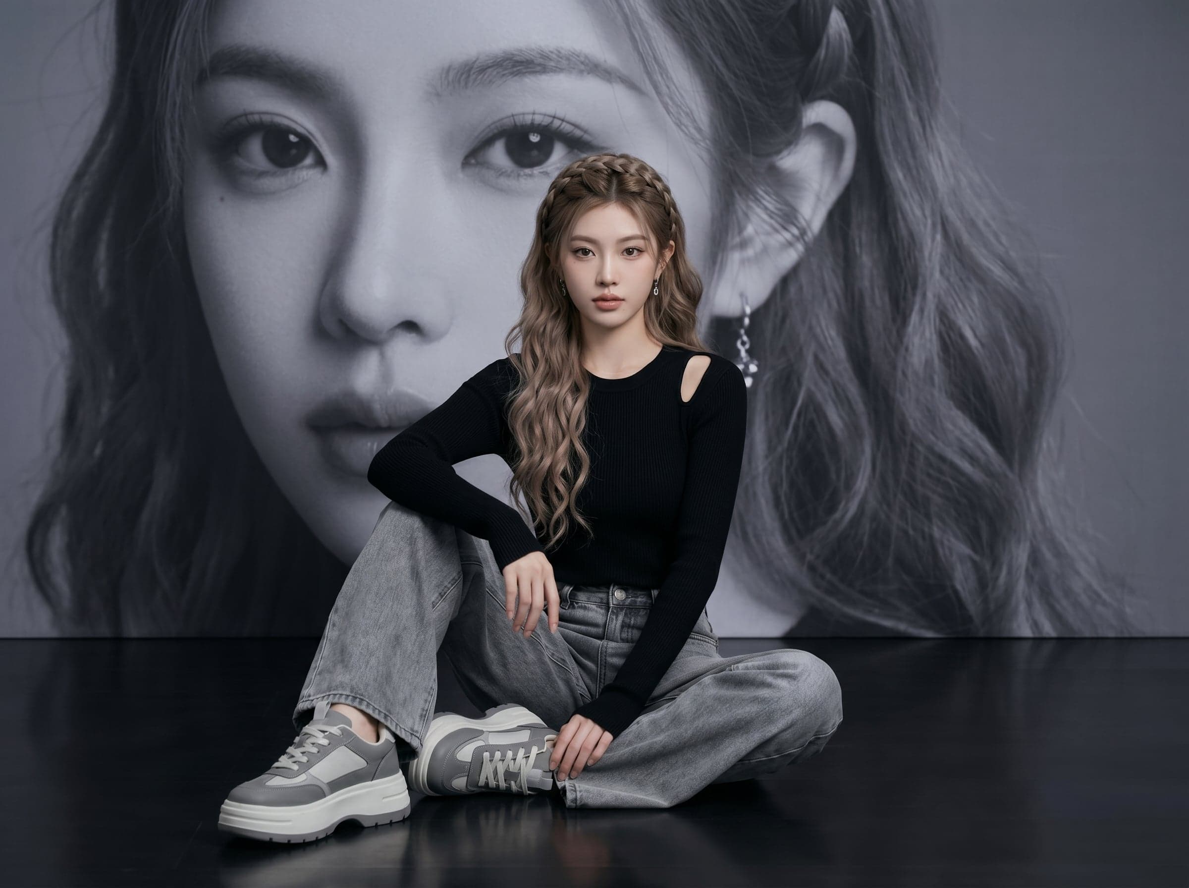 Create a cinematic 16:9 editorial fashion portrait of a beau