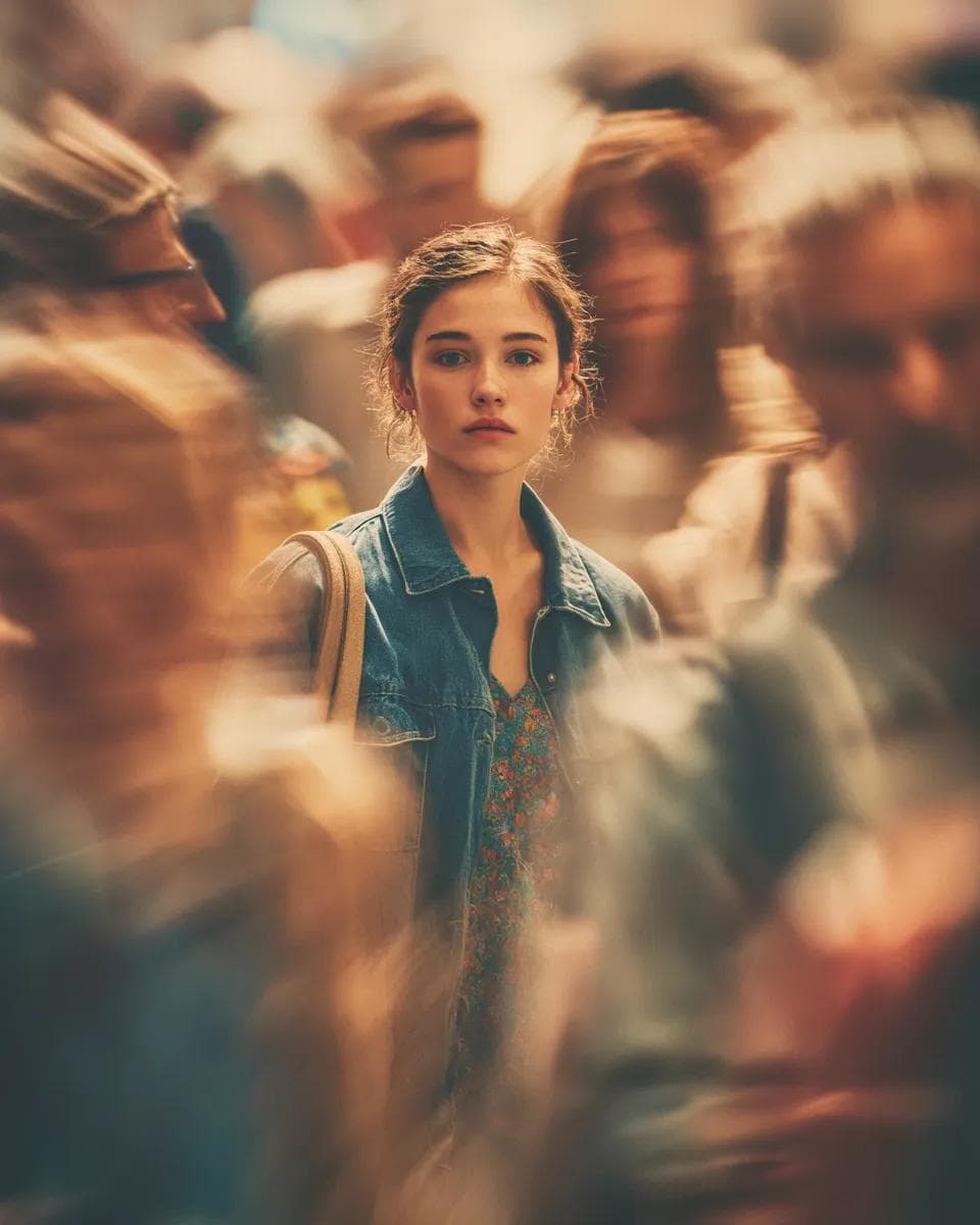 Cinematic portrait of a young person standing still in the m