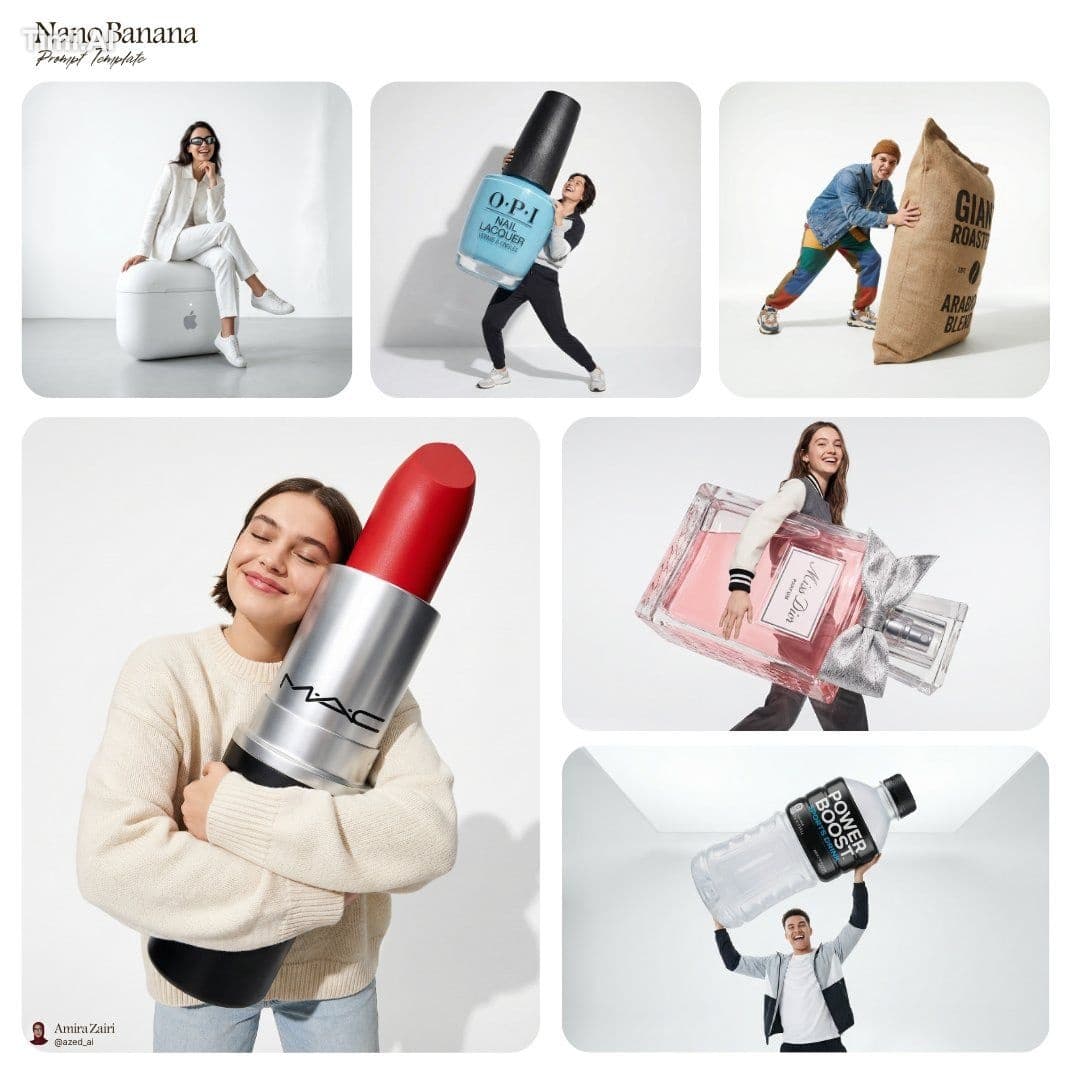 [person], [pose], oversized product in the attached image as