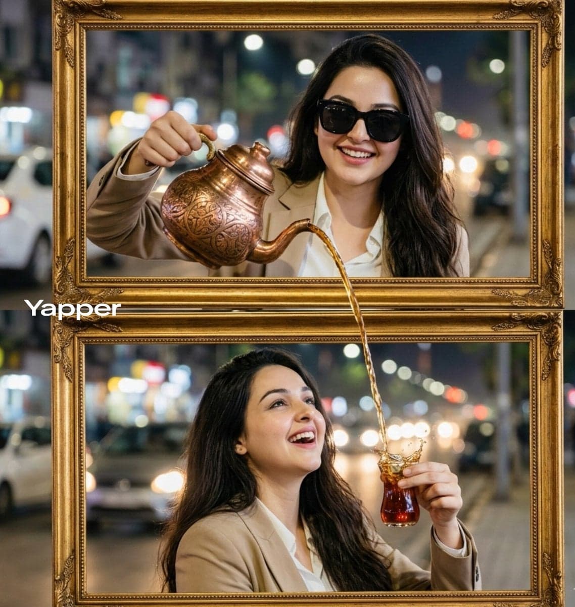 Ultra-realistic cinematic two-frame composition. In the top