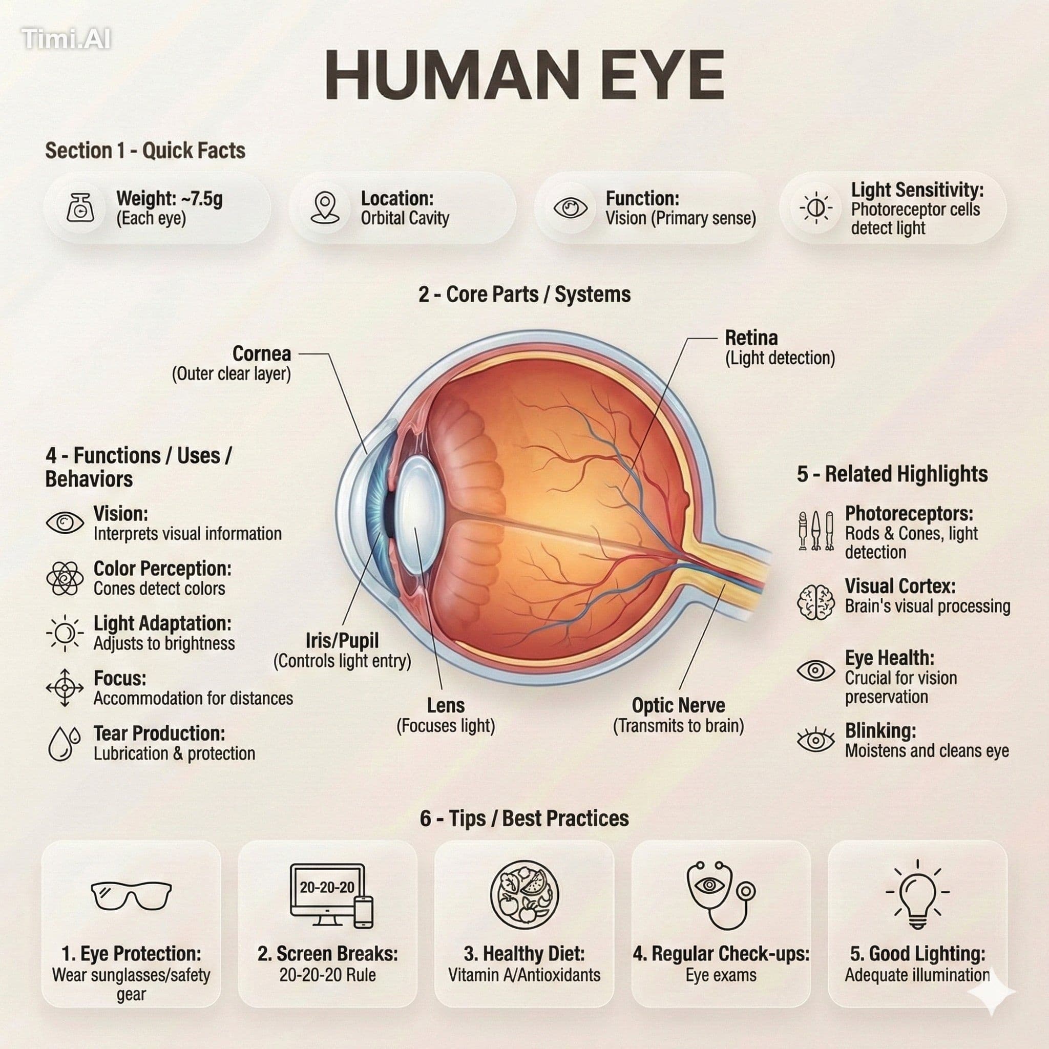 Infographic titled "HUMAN EYE" on a beige background, matchi