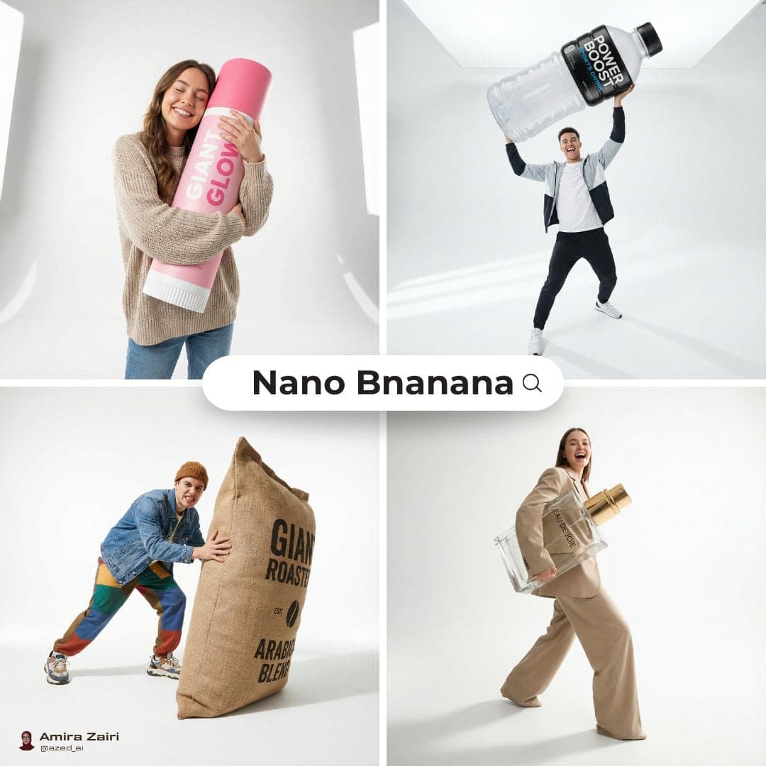 [person], [pose], oversized product in the attached image as