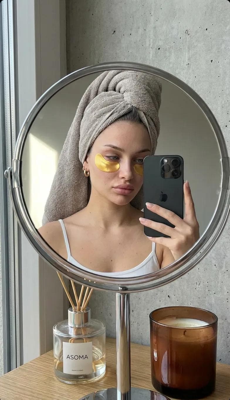A highly realistic mirror selfie of a young woman taken thro