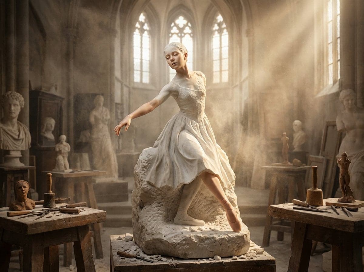A half-finished marble sculpture in a dusty Renaissance work