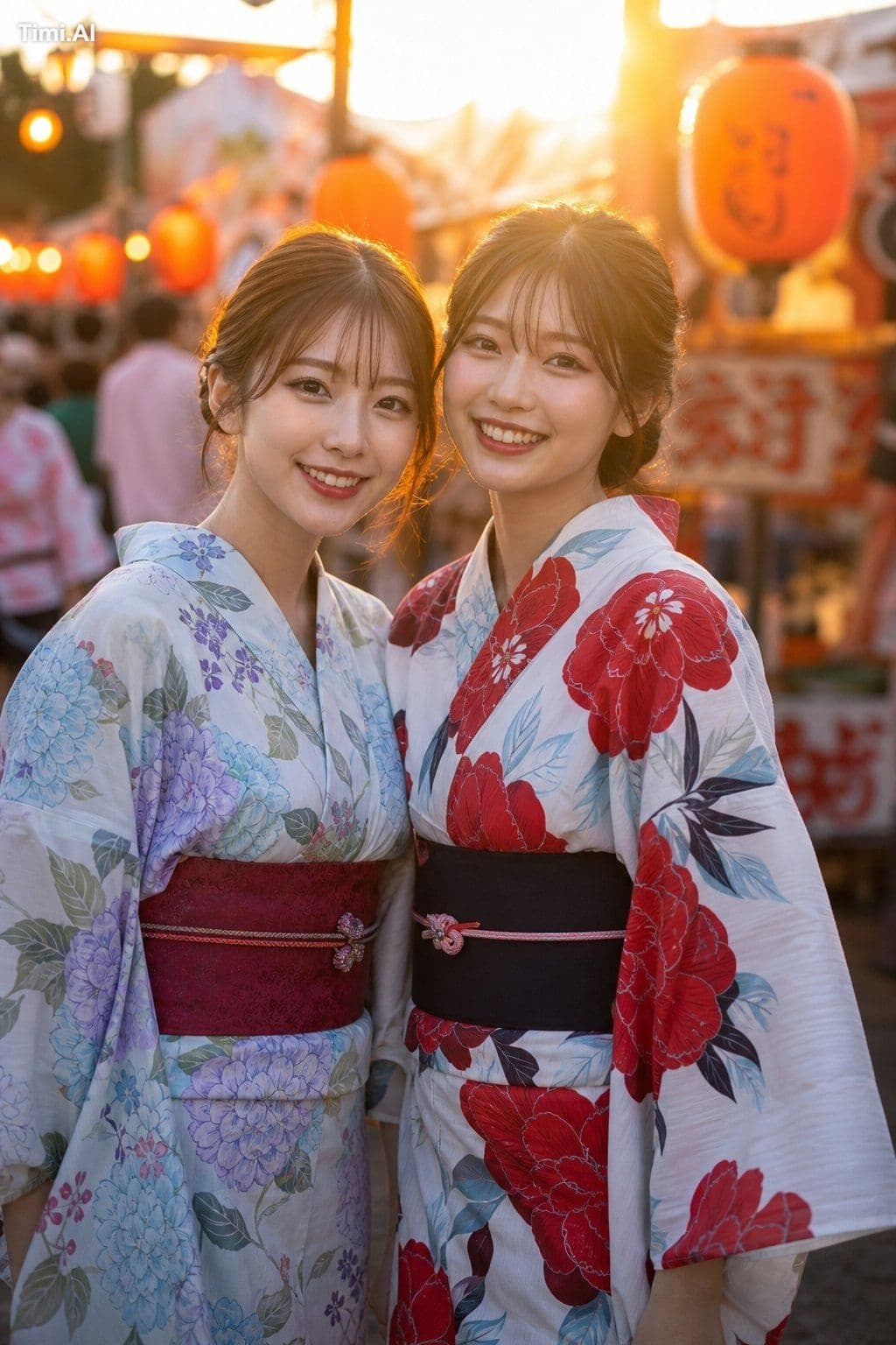 20歳の日本人女性、韓国メイク、韓国アイドルみたいな見た目、浴衣姿で二人組、仲良し二人、夏祭りでの写真、楽しそう、夕方の