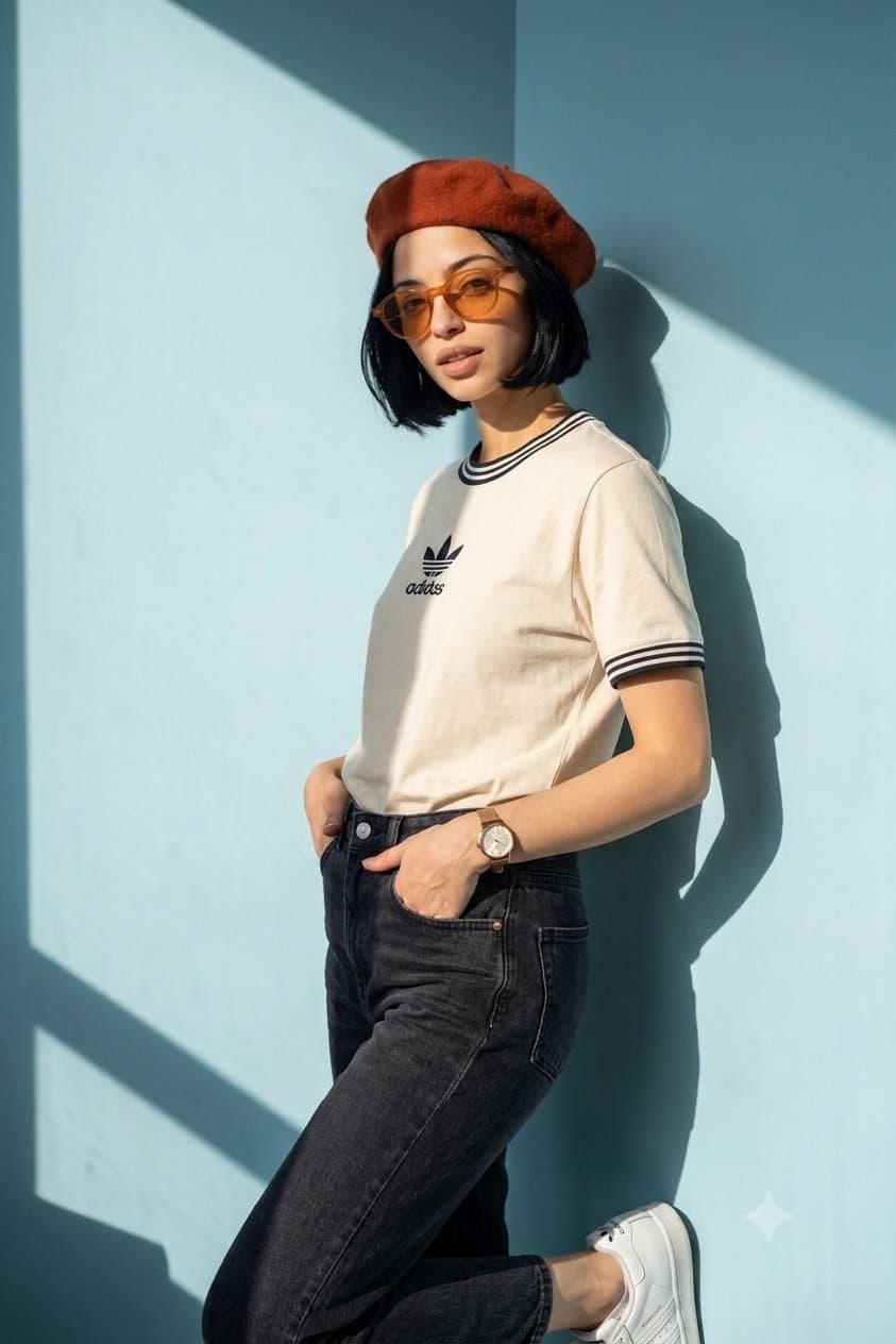 A minimalist fashion editorial portrait of a woman with a sh