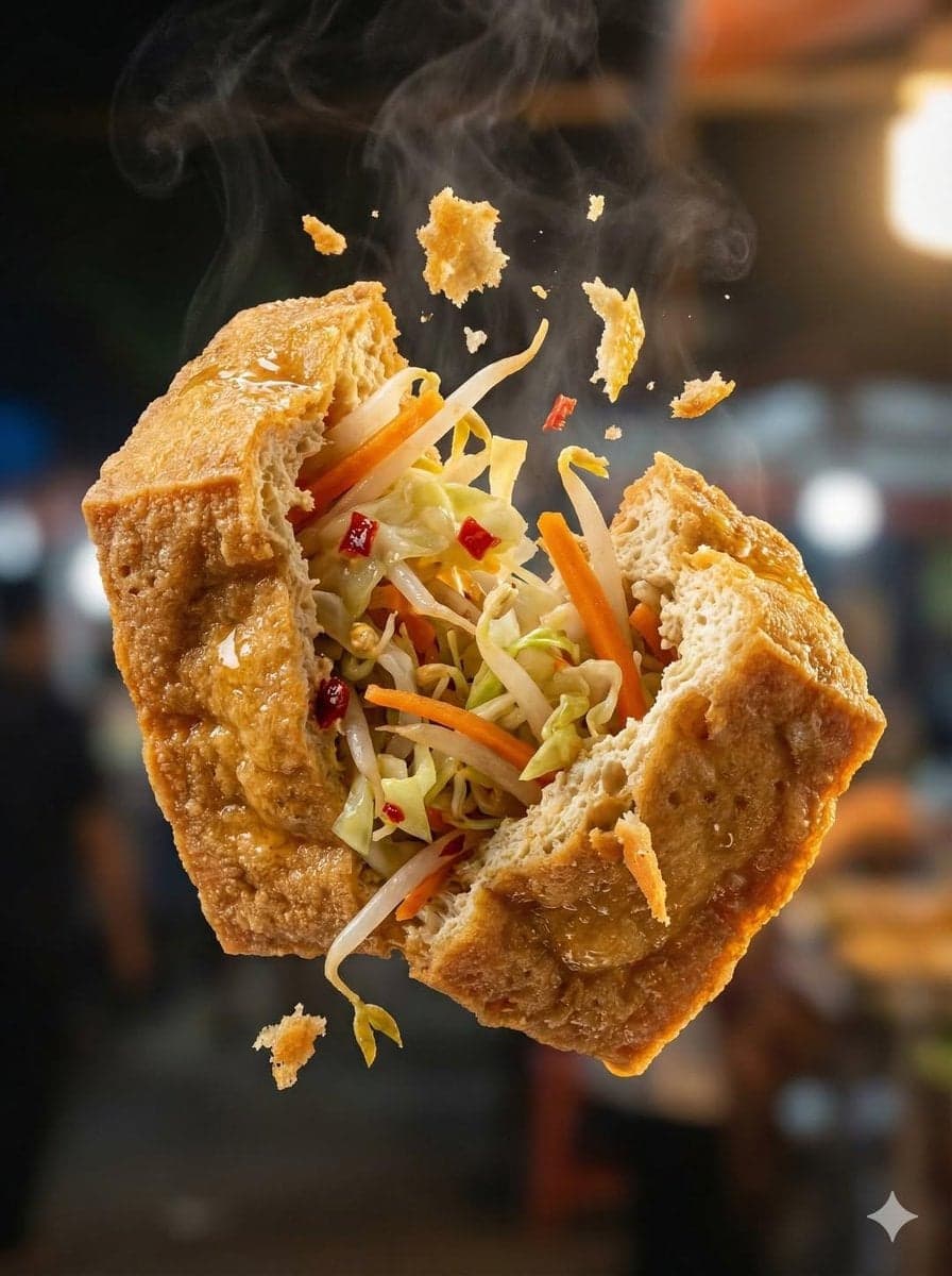 Macro food photography of a crispy martabak telur tearing op