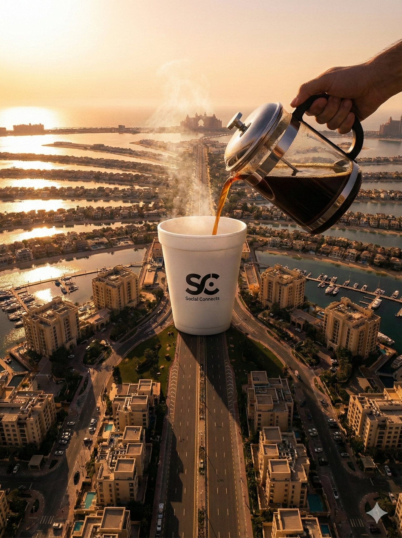 An aerial photograph captures a surreal scene where a giant 