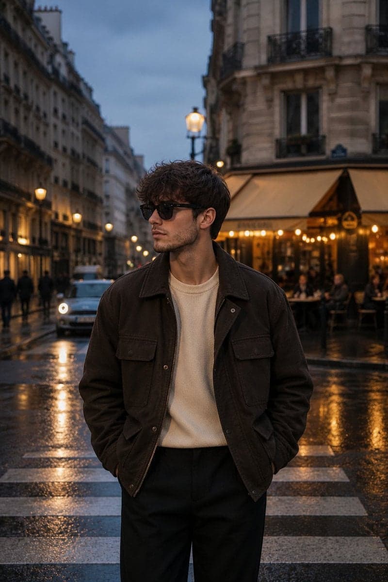 Create a luxury travel fashion editorial portrait of a young