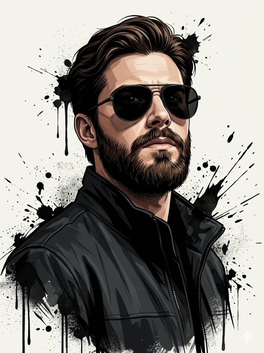 A stylish man with a thick beard  wearing black sunglasses a