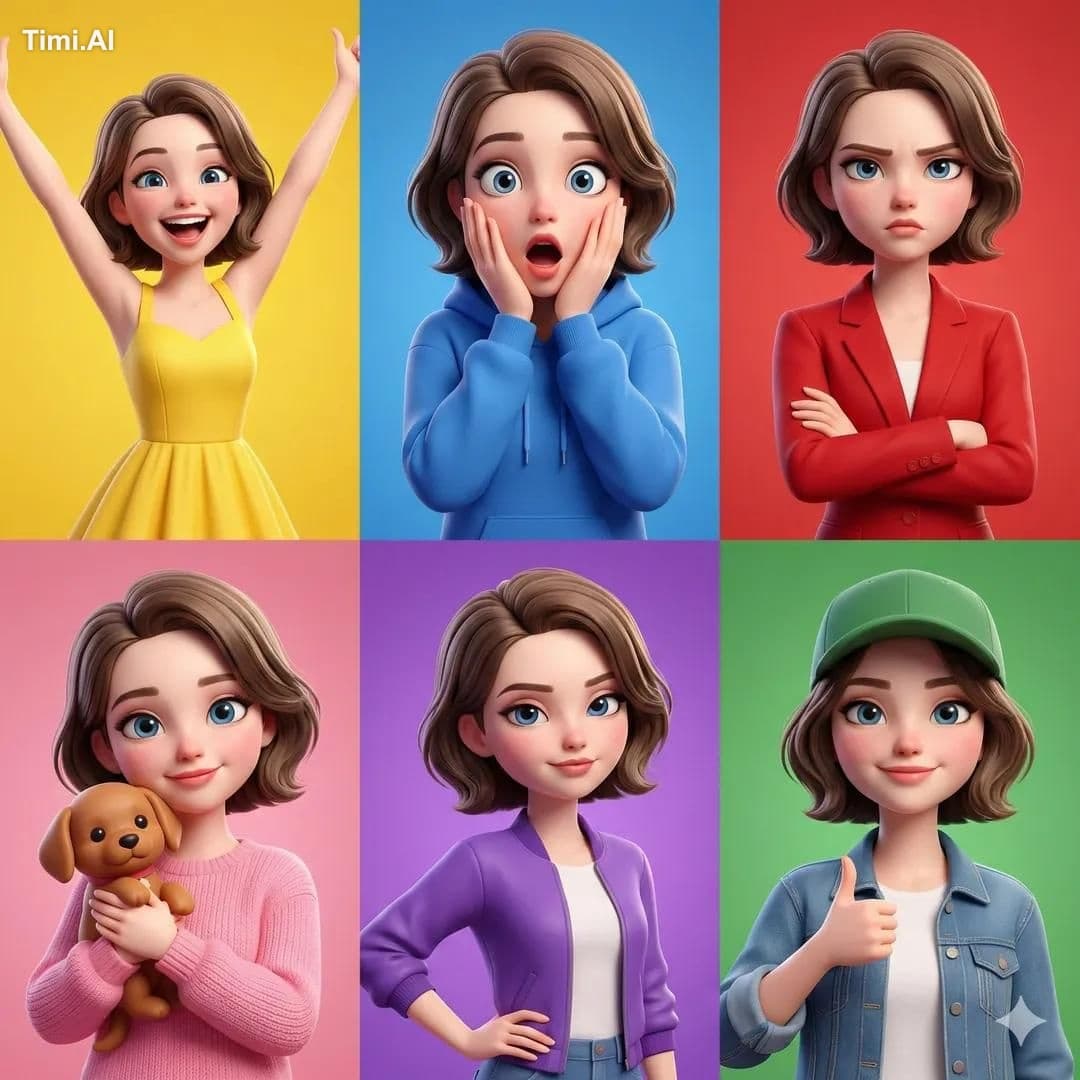 3D Pixar-style animated girl shown in a 6-panel grid, same c