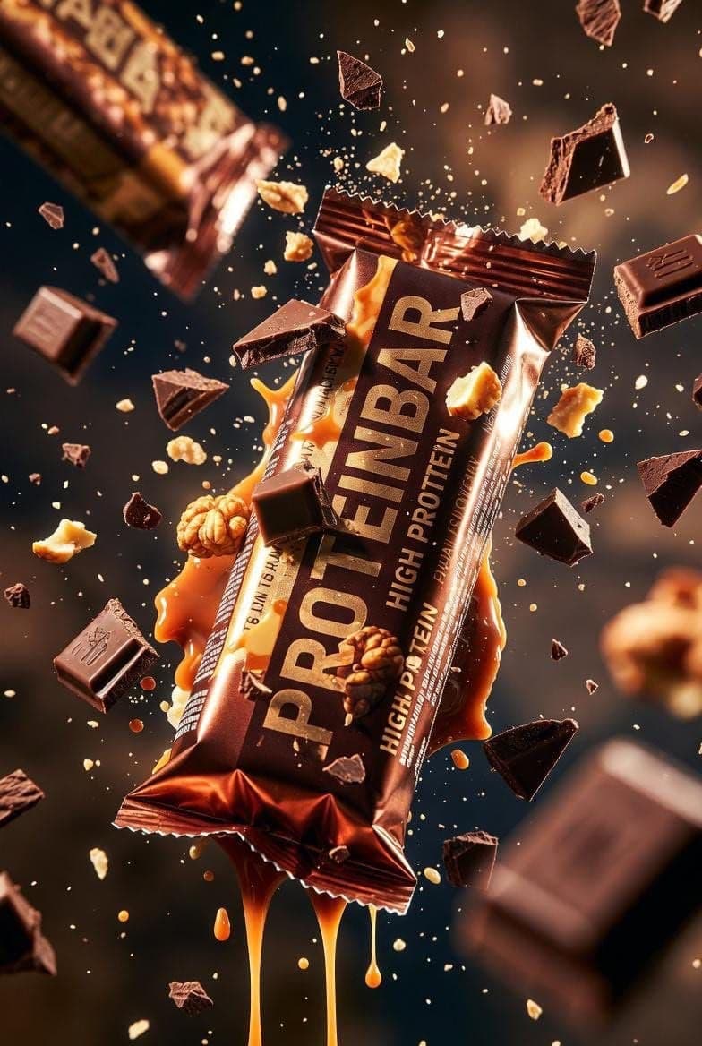 Ultra-cinematic product photography of a premium protein bar