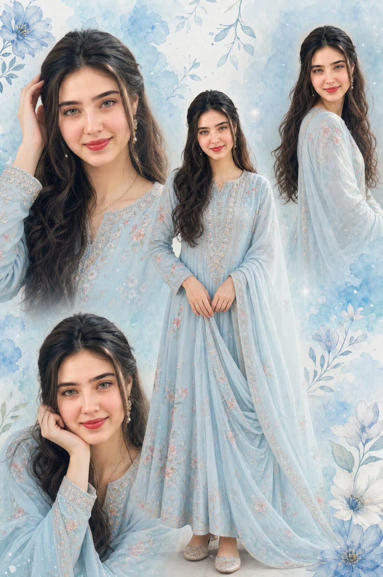 Create a dreamy aesthetic portrait collage of a beautiful yo