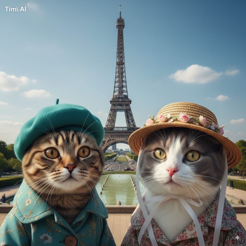 whimsical, photorealistic image of two adorable cats posing 