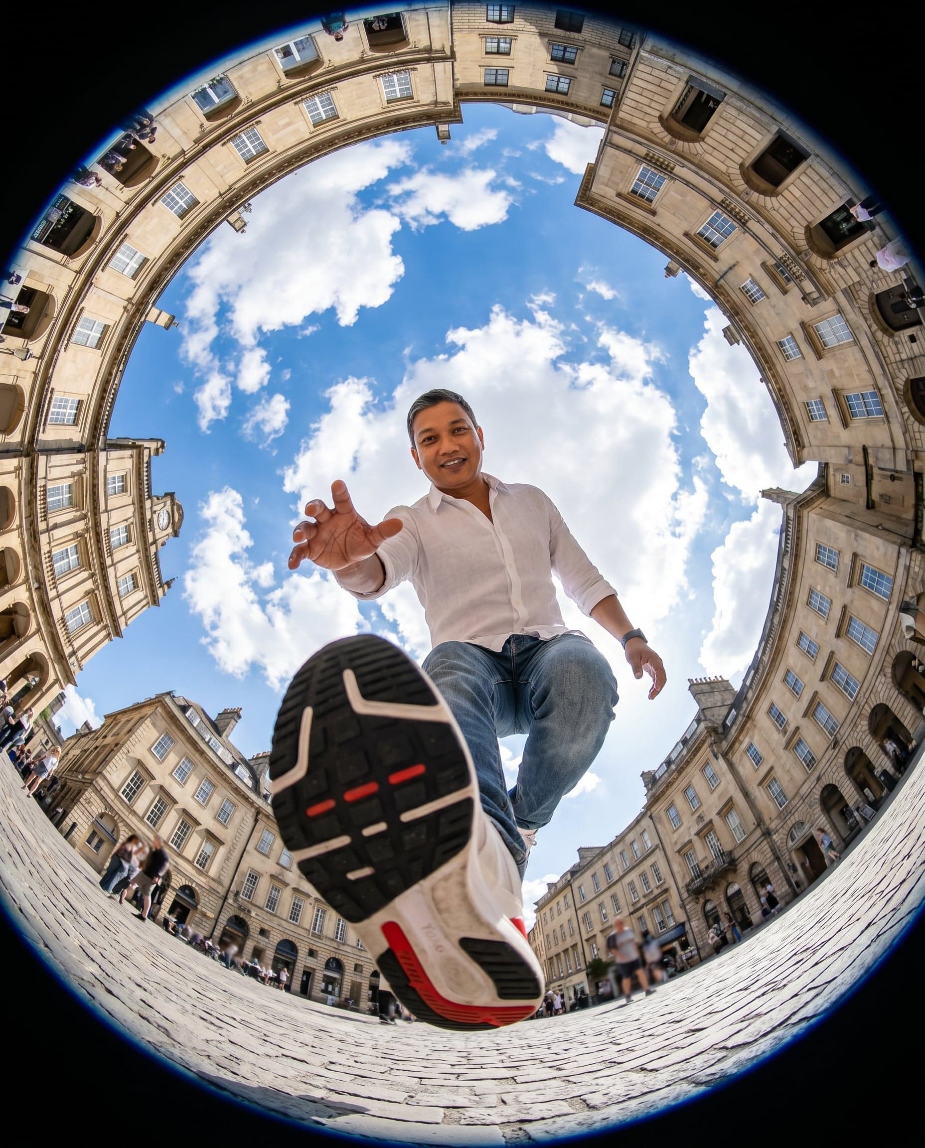 Ultra-realistic action photography, extreme fisheye lens, 8m