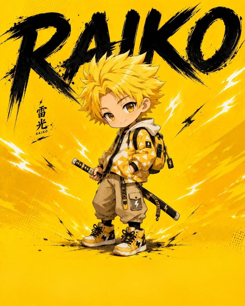 Wide chibi anime poster composition, young boy character wit