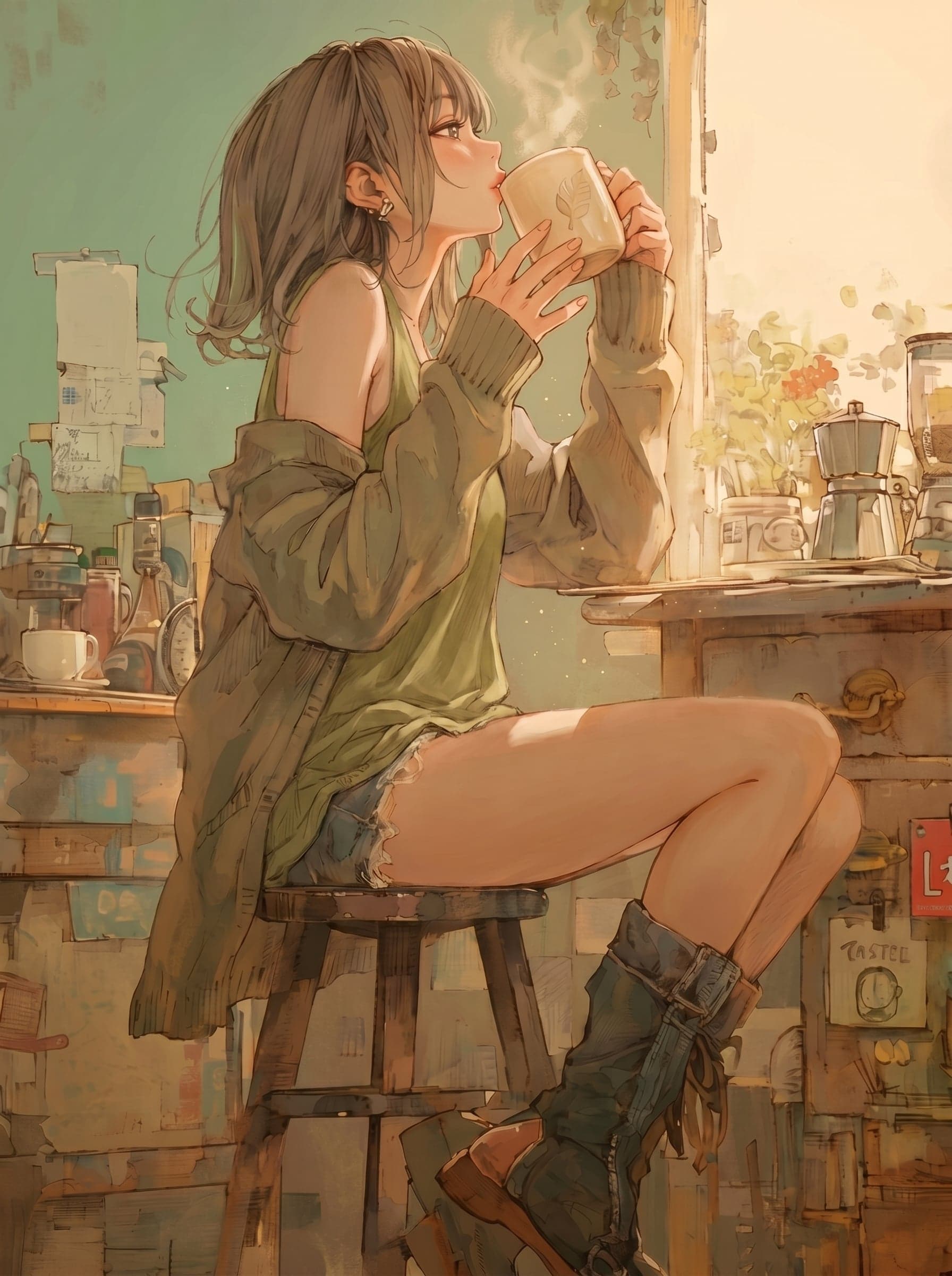 Scene and Action: A young woman with a short, neat haircut s