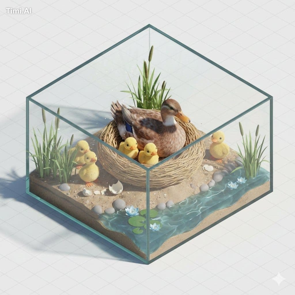 Isometric miniature nature diorama showing a mother [PARROT]