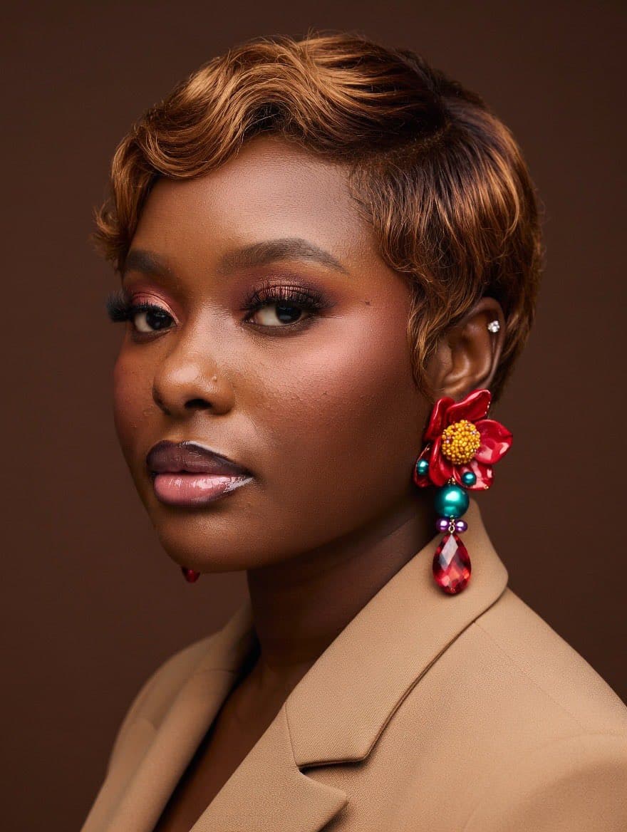 Ultra-realistic fashion editorial image of a young woman, wi