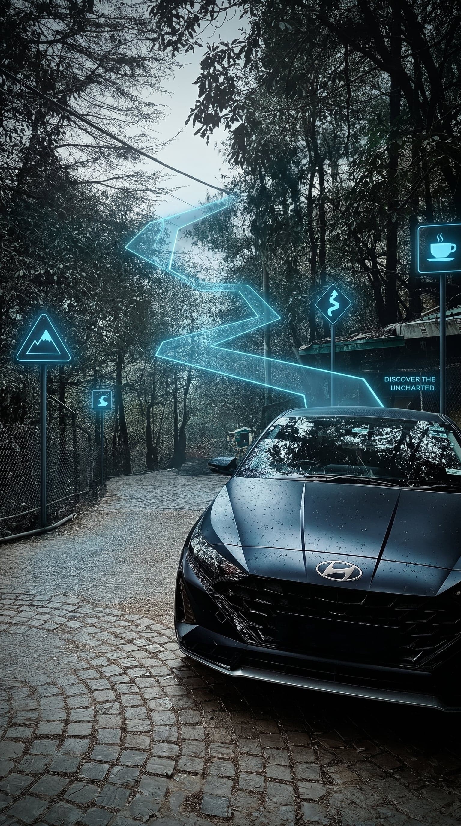 A modern charcoal-grey hatchback sits stationary on a dark,