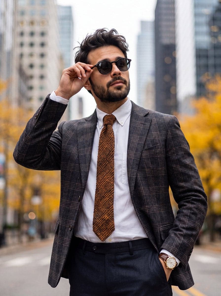 A medium shot of a stylish man with messy dark hair and well