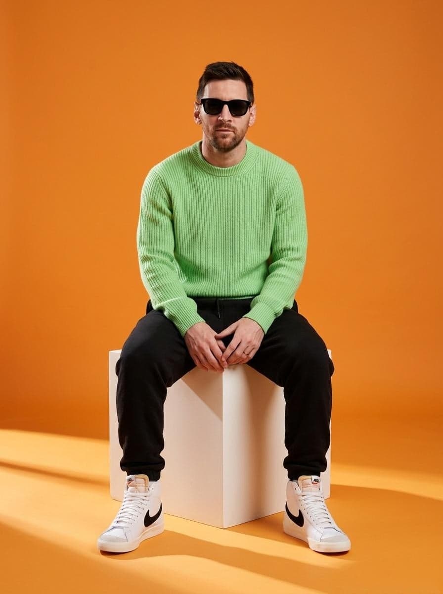 A stylish male model sitting on a white cube in a minimalist