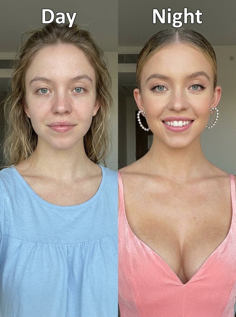Before-and-after upper-body portrait photo of Sydney Sweeney