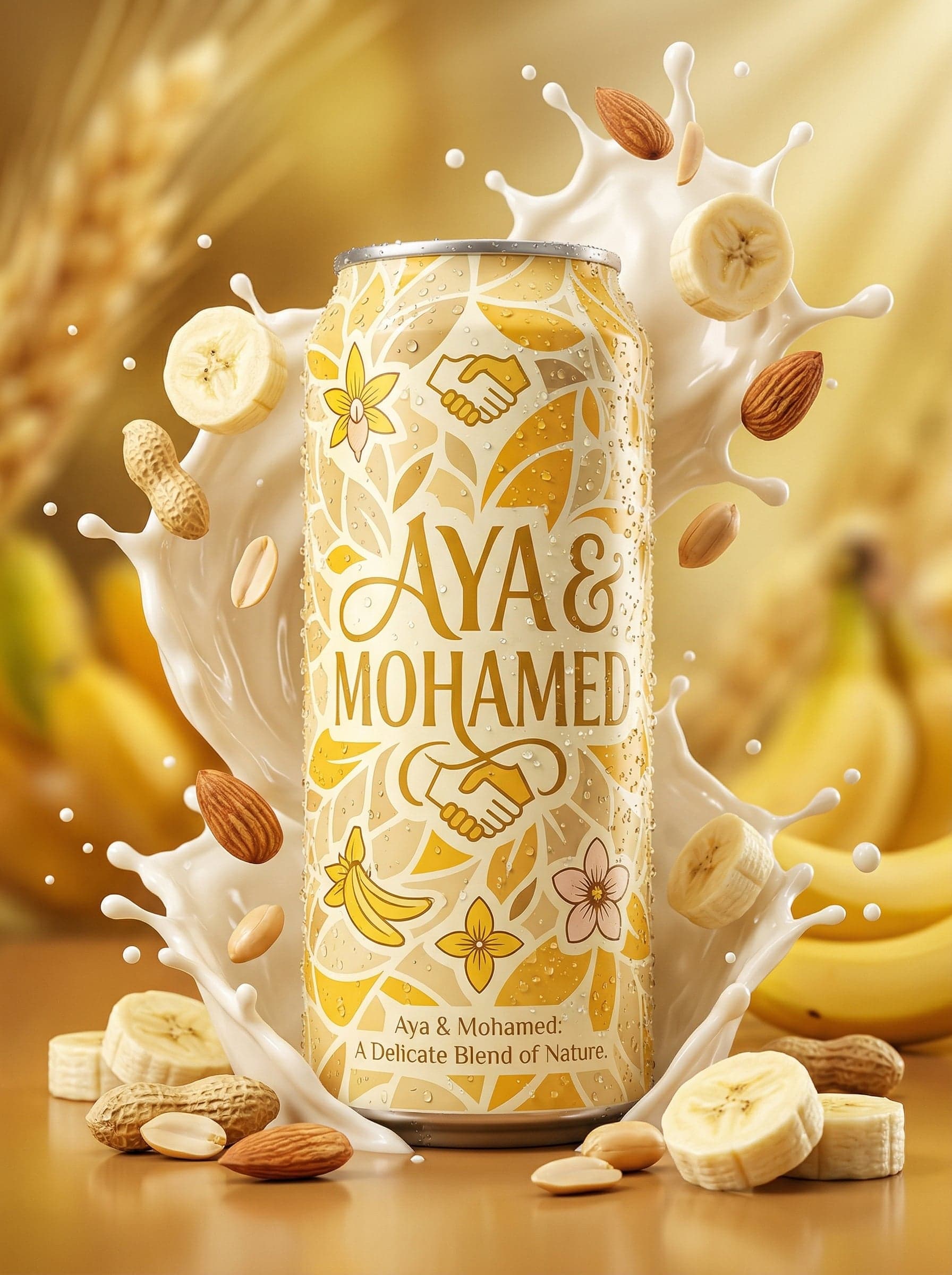 Hyper-realistic product advertisement of a AYA & MOHAMED can