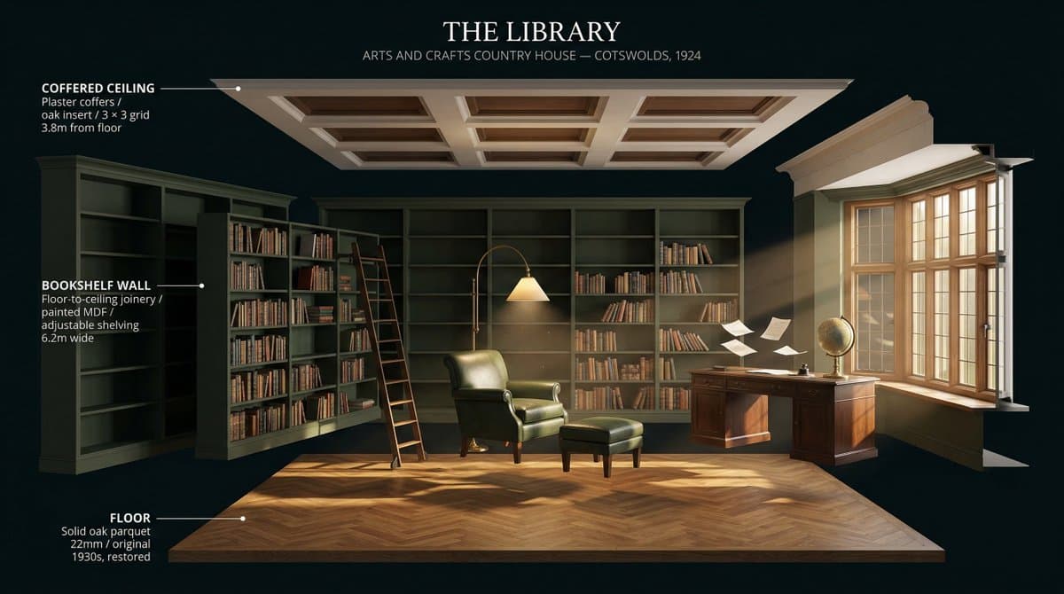 [ROOM TYPE] pulled apart in 3D, every surface and object flo