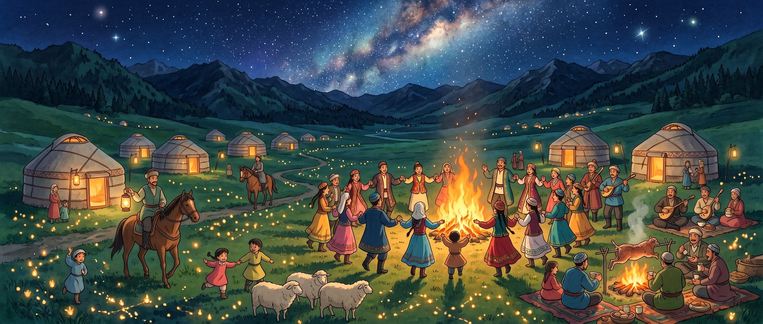 宫崎骏动画风格,新疆草原星空夜景,广袤绿色草原上错落分布着传统毡房,地面上散落着点亮的马灯,暖黄微光在夜色中轻轻摇曳。远