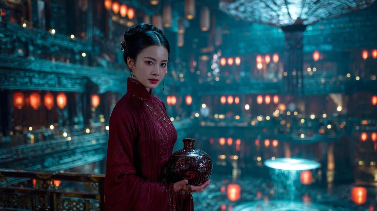 实现无缝的电影级融合。将图片1的女子完美地融入图片2。必须完全保留角色图1的面部特征、发型、服装和道具。执行完全的光影耦
