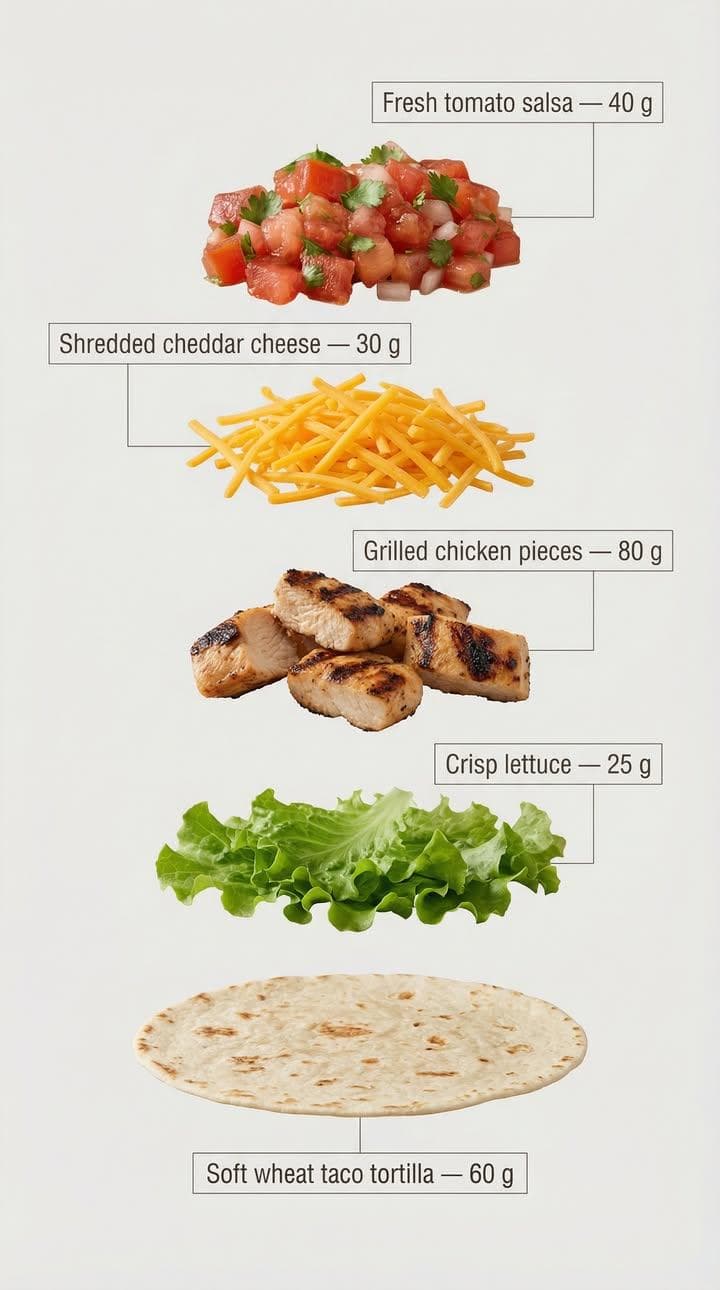Exploded view of the same taco, presented as a clean, commer