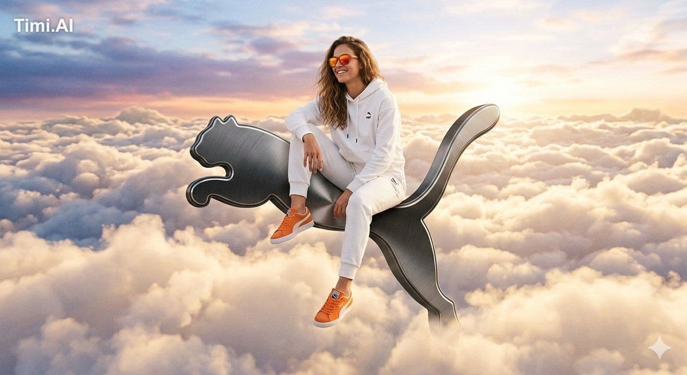 A surreal, high-fashion advertisement featuring a smiling wo