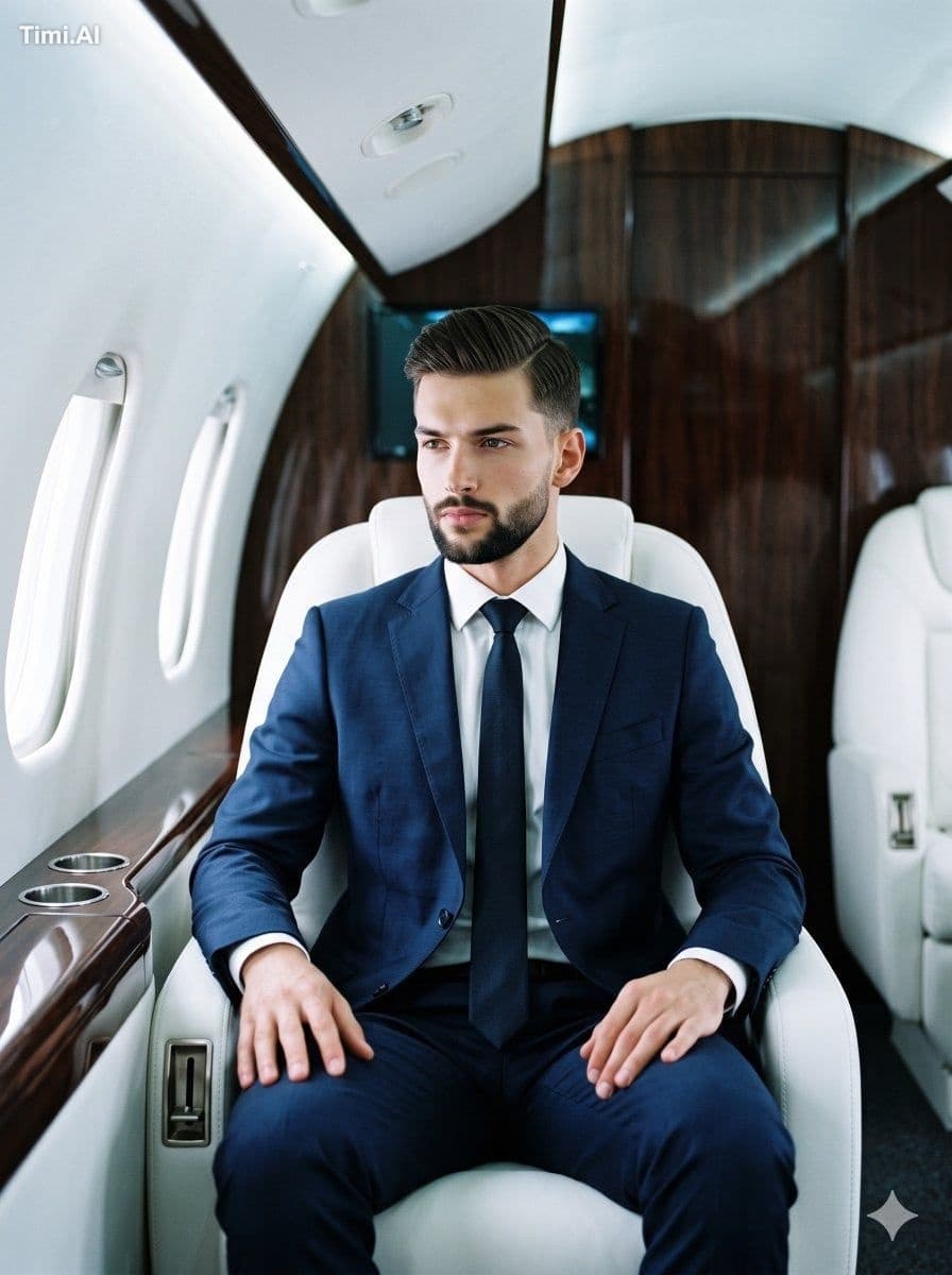 A young male dressed in a sharply tailored navy blue suit wi