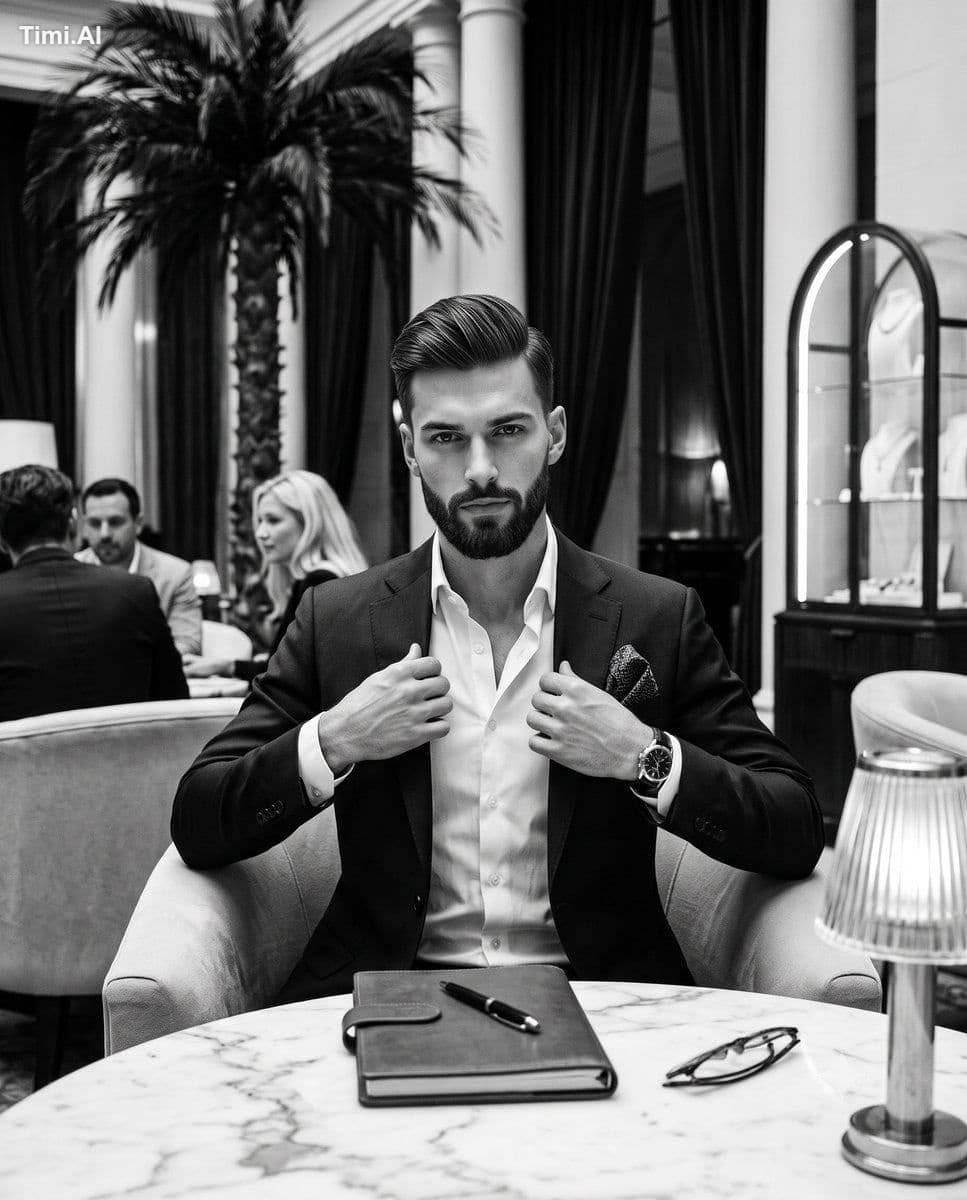 A handsome, sophisticated man with sharp facial features, a 