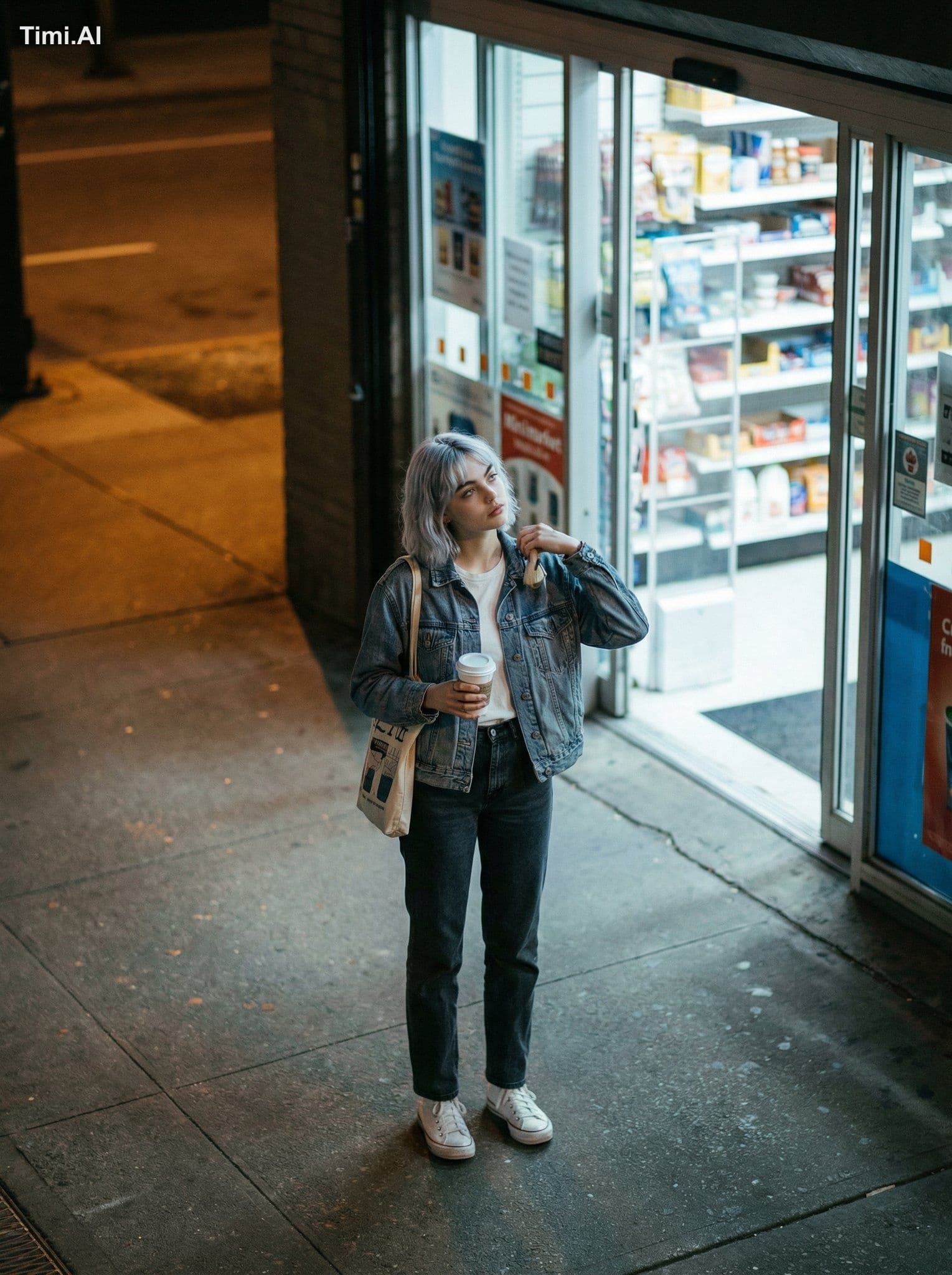 High-angle candid night street fashion photograph, shot from