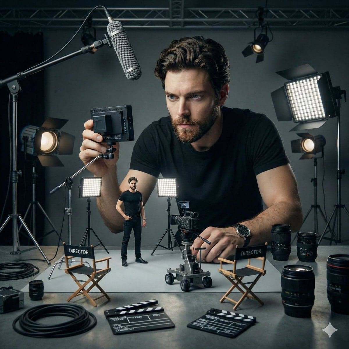 Ultra-realistic cinematic studio scene of a woman supervisin