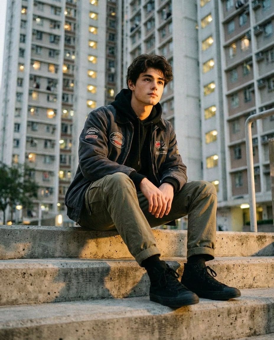 A stylish young man sitting confidently on raw concrete step