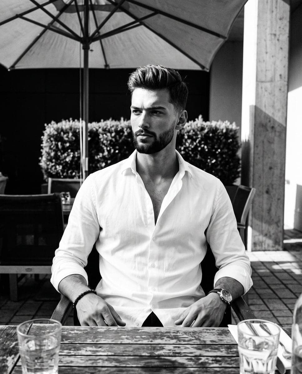 A man sits centered facing the camera with relaxed shoulders