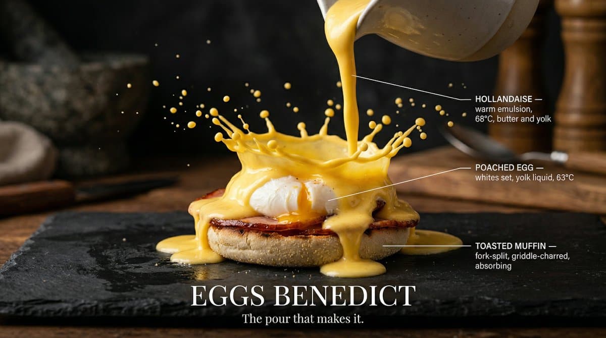 [DISH] at the precise moment of a dramatic [LIQUID] pour in 