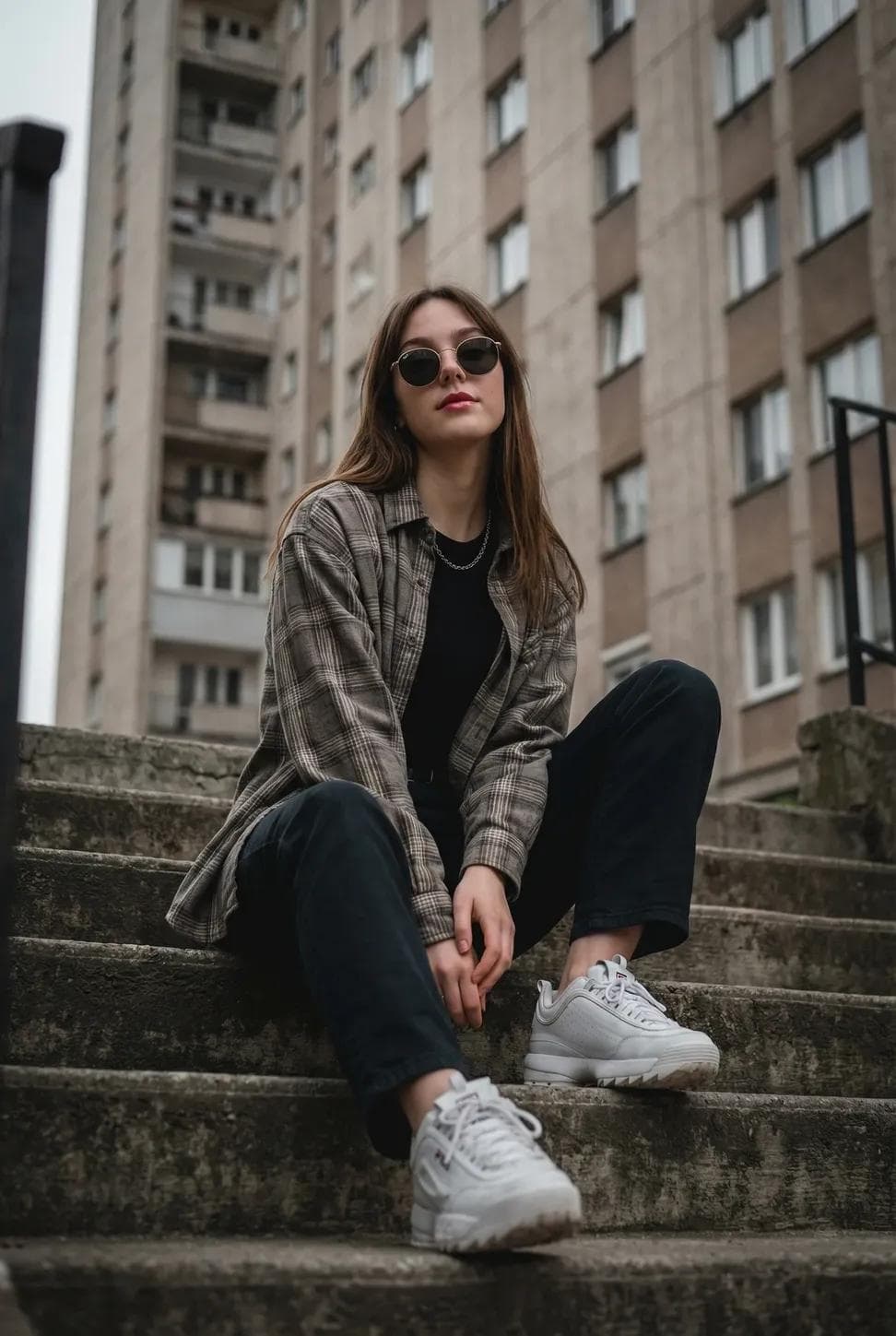 {
  "subject": "Young woman sitting casually on outdoor conc