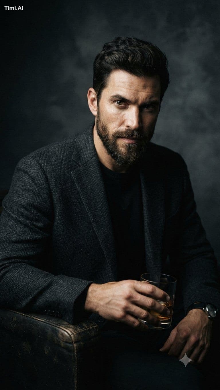 A high-quality, cinematic portrait of a sophisticated, hands