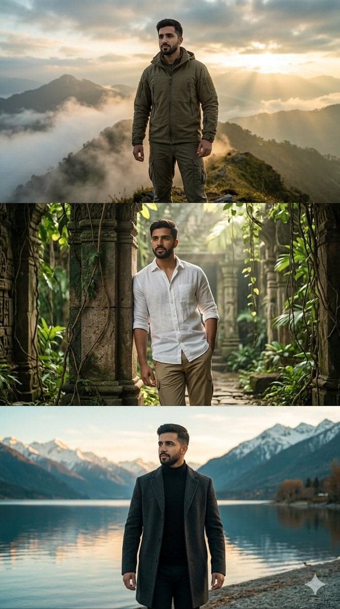 Create a hyper-realistic three-panel vertical cinematic coll