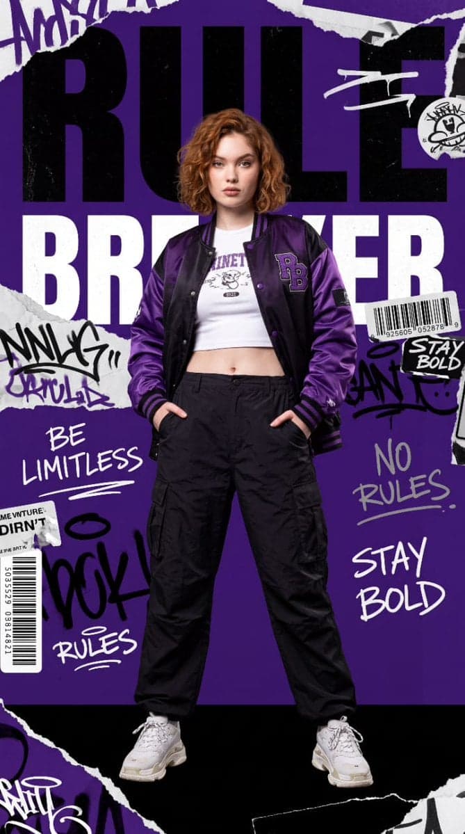 Create a high-fashion streetwear editorial poster featuring 