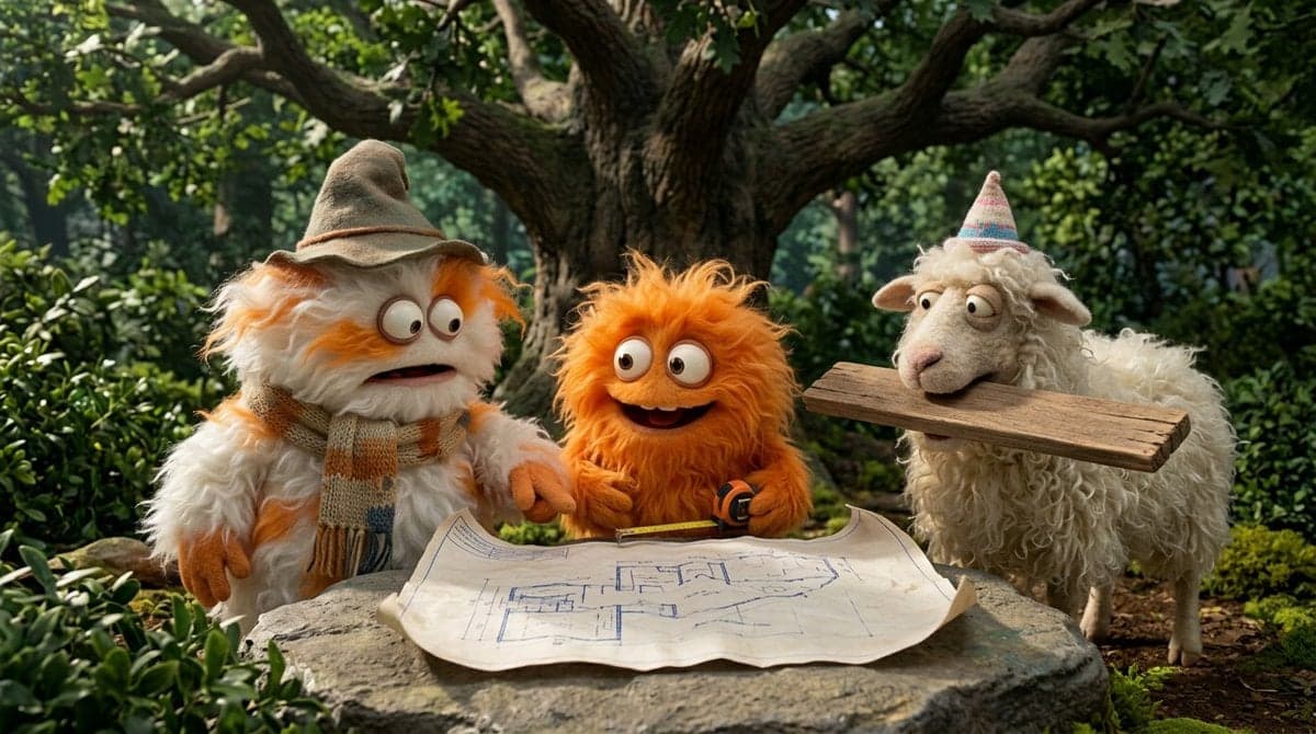 Create a funny 4-part story featuring 3 fluffy creatures bui