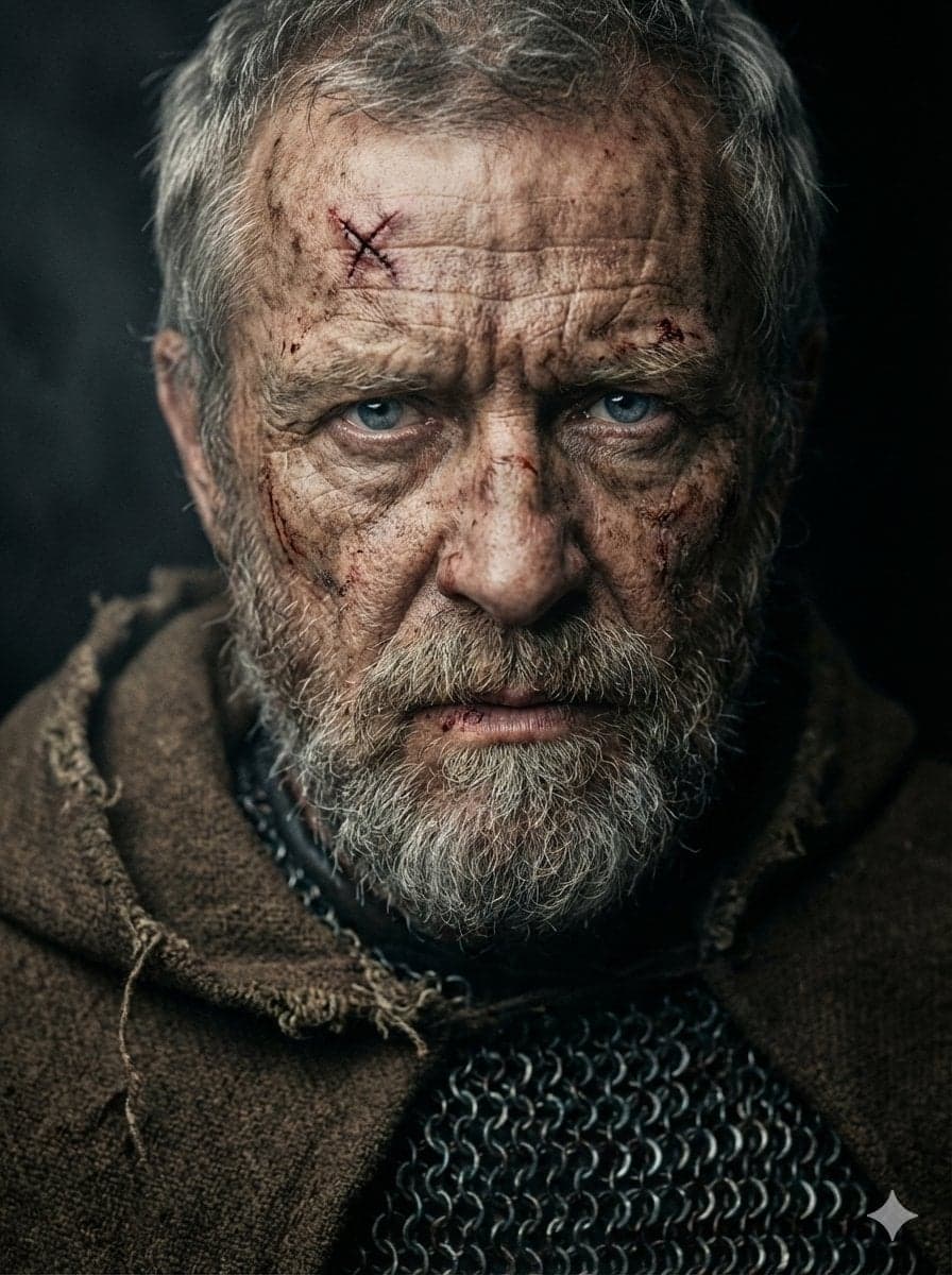 A hyper-realistic, cinematic close-up portrait of a battle-h