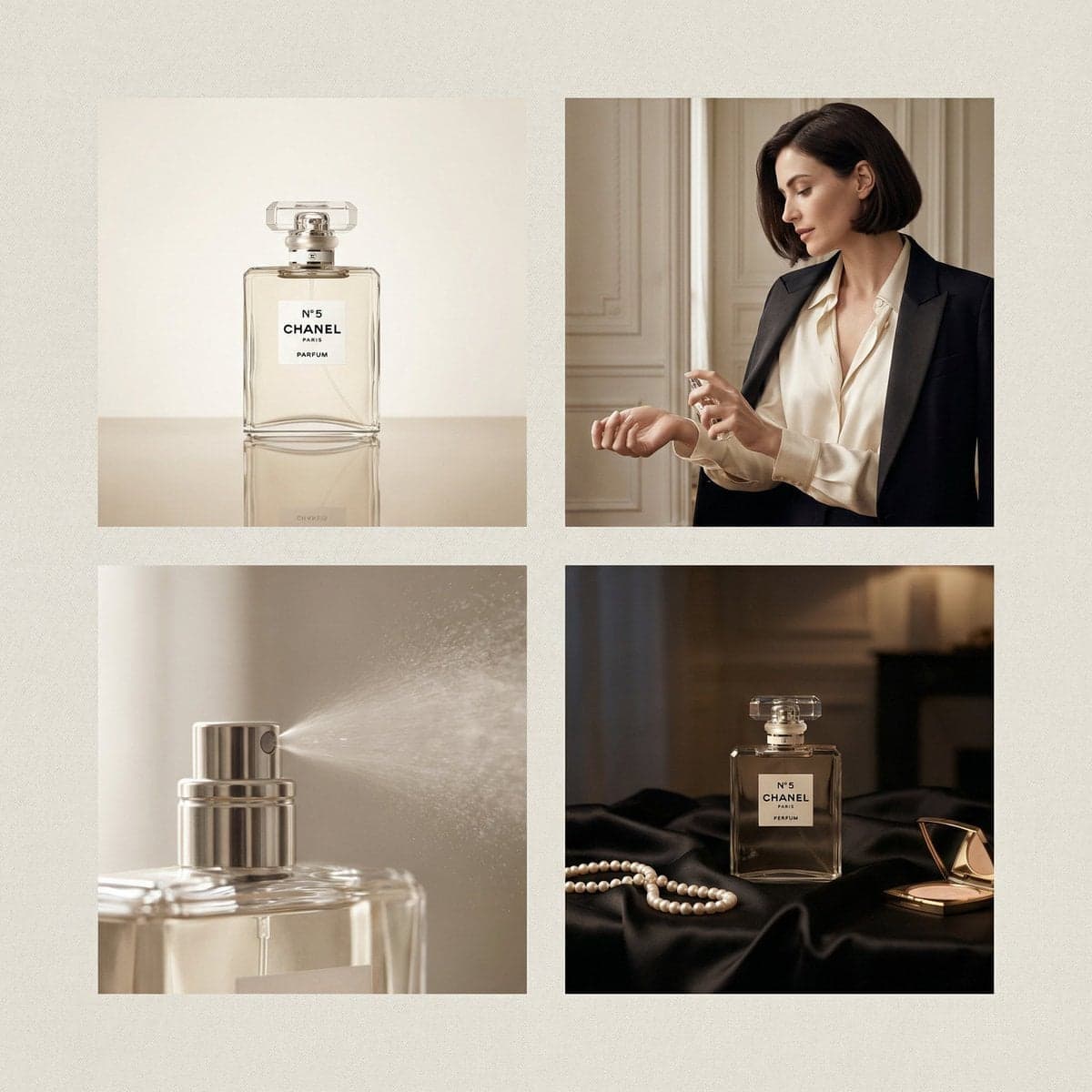 2×2 grid luxury perfume advertisement for Chanel perfume, fo
